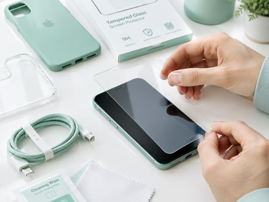 A screen protector being applied to a phone beside a case and cable