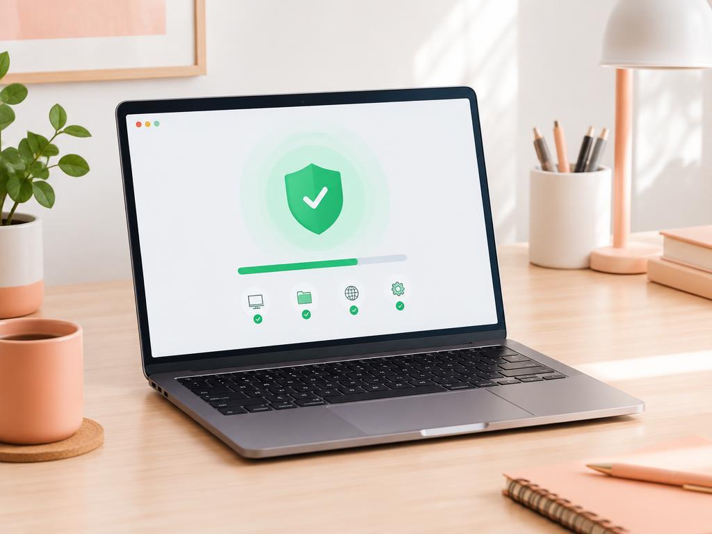 A laptop screen with a smiling shield chasing away viruses